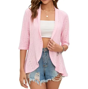 Dámský svetr Dámský letní cardigan s 3/4 rukávem s perforací Barva: Růžová, Velikost: XXL