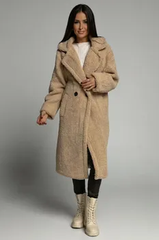 Dámský kabát Moira 8639 prodloužený plyšový kabát béžový L