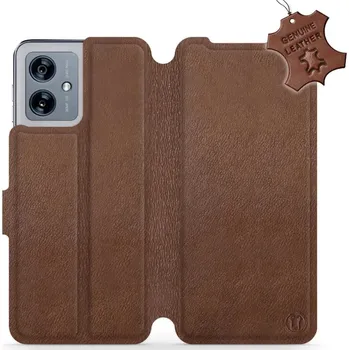 Pouzdro na mobilní telefon Kožené flip pouzdro Mobiwear - Motorola Moto G54 5G / Moto G54 5G Power Edition - Hnědé (Kožené knížkové pouzdro, obal, kryt na mobil Motorola Moto G54 5G / Moto G54 5G Power Edition, Hnědé, materiál Genuine Leather, ochrana 360°, stojánek, silikonová)