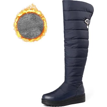 Dámské kozačky Péřové kozačky zimní protiskluzové s kovovou přezkou s kamínky Barva: Modrá, Velikost: 38