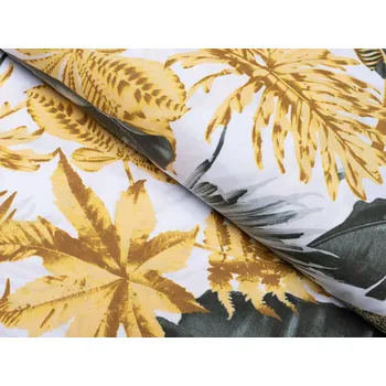 Bavlněná látka/plátno Sandra SA-388 Šedozelené a zlaté tropické listy na bílém - šířka 220 cm