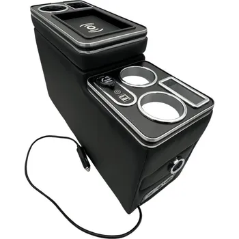 Příslušenství ke karavanu Multifunkční středová konzole pro VW T5 a T6 s úložným prostorem, USB, 12V podsvícená s indukčním nabíjením, chrom/černá