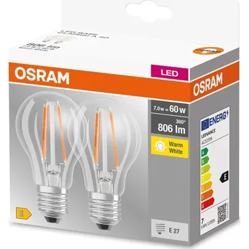 Žárovka Osram Sada LED žárovek klasik, 7 W, 806 lm, teplá bílá, E27, 2 ks LED BASE CL A 60 6W/827 E27 FIL, B