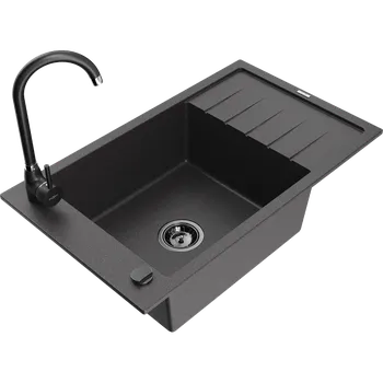 Mexen Elias granitový dřez 1-komorový s odkapávačem a kuchyňskou baterií Telma, černý tečkovaný - 6511-76-670200-70-B Granitové dřezy s baterií