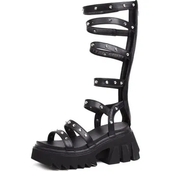 Dámské kozačky Letní kozačky gladiátorky na platformě s hroty GoodDayGirl Velikost: 37, Varianta: Kožená PU