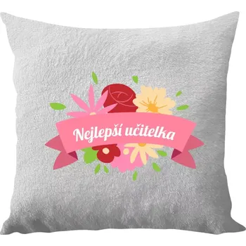 Polštář Polštář bílý 40x40 cm - dlouhý chlup Nejlepší učitelka - barevné květiny