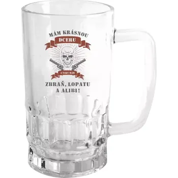 Sklenice Půllitr skleněný Mám krásnou dceru, a taky zbraň, lopatu a alibi - lebka