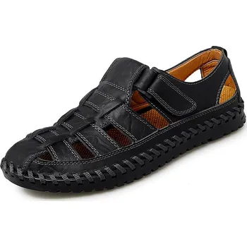 Pánské mokasíny Kožené pánské boty letní uzavřené sandály s pásky a prošíváním Barva: Černá, Velikost: 45