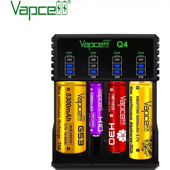 Nabíječka baterií Vapcell Q4 univerzální USB nabíječka až 4 Li-ion článků (nabíječka pro až 4 Li-ion baterie typu 10340,10440,14500,16340,16650,17500,17650,17670,18350,18490,18500,18650,20700,21700,22650,26500,26650)