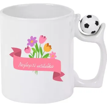 Hrnek 330 ml - fotbalový míč Nejlepší učitelka - růžová stuha