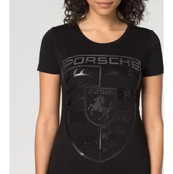 PORSCHE Women’s T-shirt Porsche Crest Tričko dámské s potiskem a dekorací černá (Velmi módní černé dámské tričko s černým znakem Porsche na přední straně s černými kamínky. S elastanem pro extra pohodlí při nošení.)