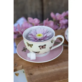 Porcelánový šálek s podšálkem s motýlky Butterfly Paradise - 12*9*6 cm / Ø14*2 cm / 200 ml