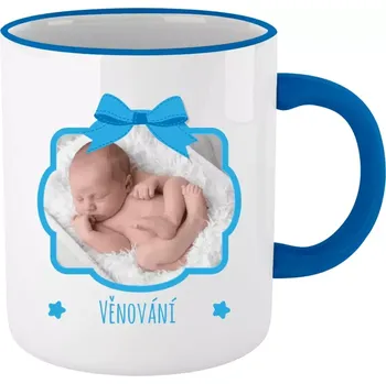 Hrnek 330 ml - barevný lem a ucho Modrá mašle s fotografií