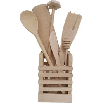 Dřevěná hračka Dětská dřevěná sada kuchyňského náčiní ve stojánku