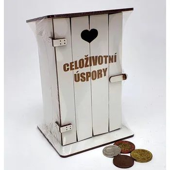 Pokladnička Pokladna kadibudka dřevěná bílá s nápisem - Celoživotní úspory