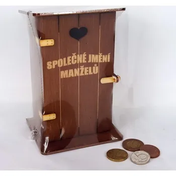 Pokladnička Pokladna kadibudka dřevěná tmavá s nápisem - Společné jmění manželů