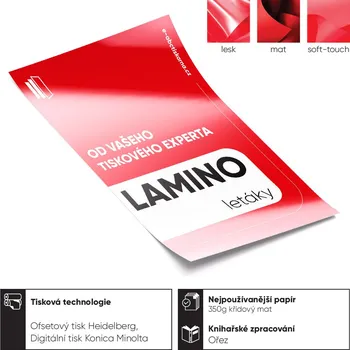 Kancelářský papír Laminované letáky Jednostranné lamino - lesk 50 Barevné jednostranné - 4/0 (CMYK) 350 g/m² křídový papír mat A4 (210 x 297 mm)