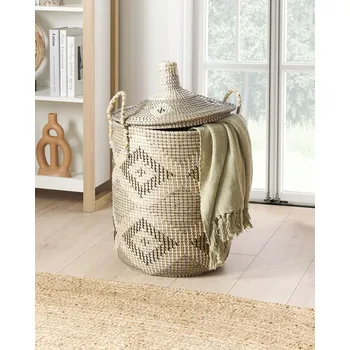 Košík přírodní mořská tráva s uchy víko ručně tkané doplňky doplňky dekorace skladování boho styl Beliani