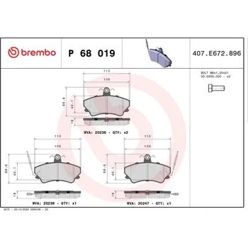 Brzdová destička Sada brzdových destiček, kotoučová brzda BREMBO P 68 019