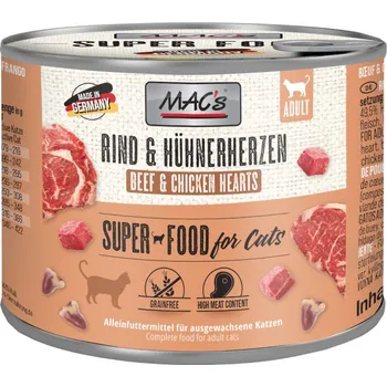 Krmivo pro kočku 4x6ks-24x200g MAC's Cat - Hovězí a kuřecí srdíčka