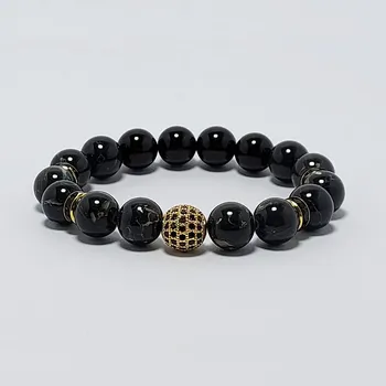 Náramek Damský náramek z minerálů 10 mm - přírodní černé mušlové korálky, černý onyx a mosaz s zirkóny (Micro Pave) Z10D17