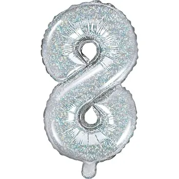 Balónek PartyDeco Fóliové číslo 8 holografické stříbrné, 35 cm