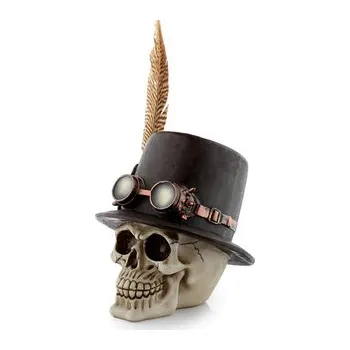 Steampunk dekorace Lebka s cylindrem a peřím