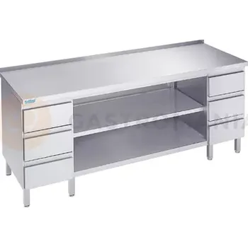 Nerezový dřez Pracovní stůl 1600x600x900 mm se 2 policemi, 2 bloky každý se 3 šuplíky a pracovní deskou se zadním lemem | RILLING, ASG 0616C S3B0
