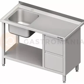Kuchyňská linka Stůl nerezový s dřezem jednokomorovým na levé straně s blokem se dvěma zásuvkami a policí 1700x600x850 mm | STALGAST, 981006170