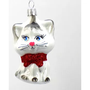 Vánoční ozdoba Vánoční ozdoba kočka s mašlí v bílém dekoru