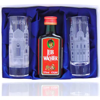 Likér Leib Wächter 0,04l Vídeň a Salzburg set se dvěmi skleničkami