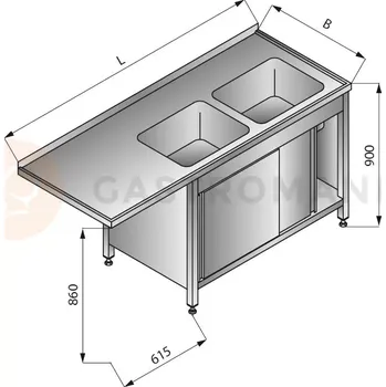 Nerezový dřez Stůl s dvoukomorovým dřezem na pravé straně, se skříňkou s posuvnými dveřmi, 1800x700x900 mm | LOZAMET, LO348/P