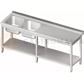 Kuchyňská linka Stůl nerezový s dřezem dvoukomorovým na levé straně s policí 2500x700x850 mm | STALGAST, 980857250