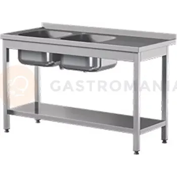 Nerezový dřez Přístěnný nerezový stůl s poličkou a dvoukomorovým dřezem 1500x700x850 mm | ASBER, STW-157/2-PL-L-S