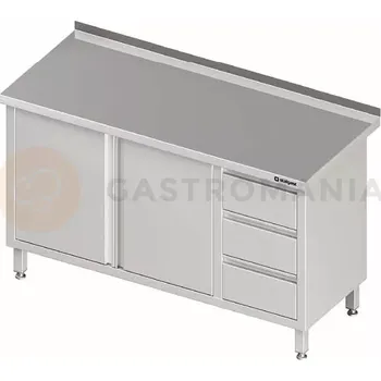 Kuchyňská linka Stůl nerezový přístěnný s blokem se třemi zásuvkami na pravé straně a se skříňkou s křídlovými dvířky 1300x700x850 mm | STALGAST, 980457130