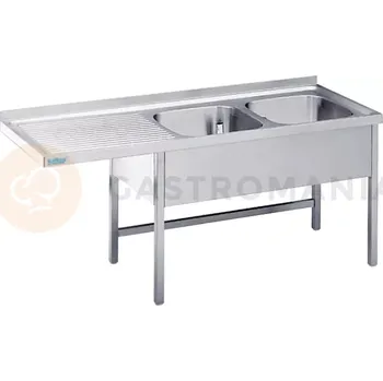 Nerezový dřez Stůl s dvoukomorovým dřezem, levá strana, 1600x700x900 mm, prodloužený odtok a police s dvířky | RILLING, AST C716C 2LSF