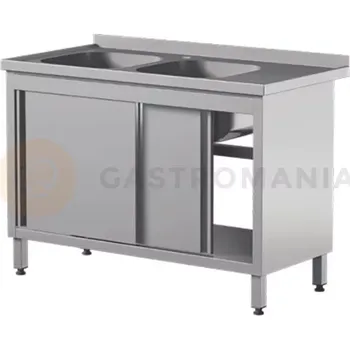 Nerezový dřez Přístěnný nerezový stůl s dvoukomorovým dřezem a skříňkou, s posuvnými dvířky 1600x600x850 mm | ASBER, STW-166/2-PL-L-2SD