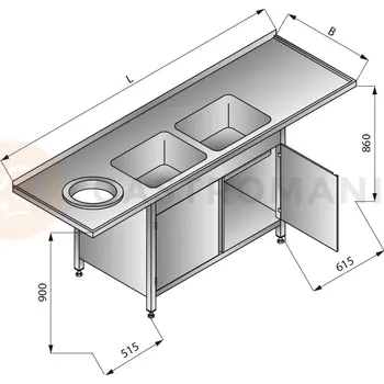 Nerezový dřez Stůl s dvoukomorovým dřezem a otvorem na odpadky a skříňkou, vlevo, 2300x700x900 mm | LOZAMET, LO356/L