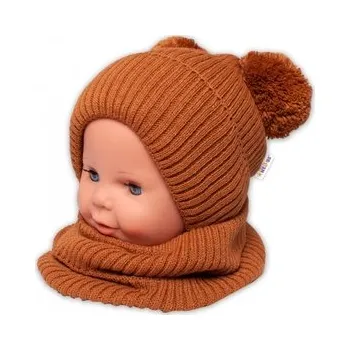 Dětská móda BABY NELLYS Zimní pletená čepice + nákrčník - hnědá s bambulkami; 92/98 (18-36m)