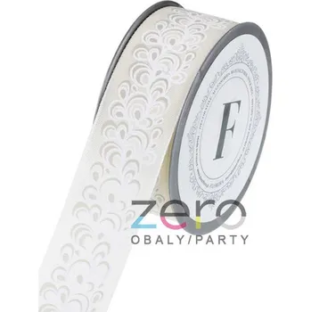 Stuha Stuha tkaná 4 cm x 5 m - krémová s bílo-přírodním tiskem