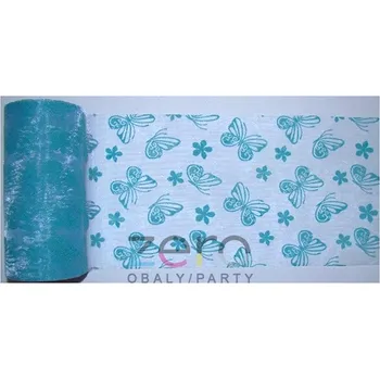 Organza 12 cm x 10 y - modrá s tiskem motýlků