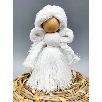 Originální andělka z příze na stojánku Bílá s bílými vlasy