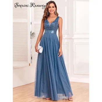 Dámské šaty Dlouhé šaty na ples Sequins SQ842 Barva: Modrá, Velikost: M