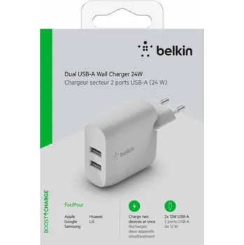 Belkin Dual USB-A nabijecka, 24W bila WCB002vfWH
