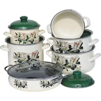 Hrnec Šestidílná souprava nádobí Oliva s pánví 28 cm (sada nádobí se zelenými pokličkami a pánví s nepřilnavým povrchem s olivovým motivem )