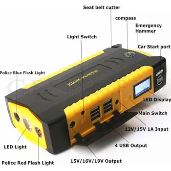 Startovací zdroj Vysokokapacitní 16000mAh Jump startér do auta 600A 12V přenosná napájení powerbanka Booster nabíječka startovací zařízení