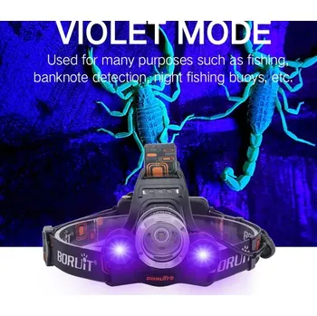 Čelovka Čelovka Boruit 3LED T6 XPE UV světlo USB vodotěsná svítilna pro lov