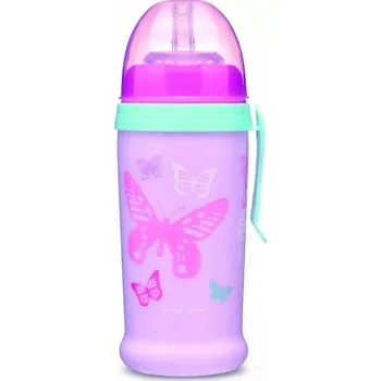 Canpol babies Sportovní láhev se silikonovou nevylévací slámkou MOTÝLEK 350 ml růžová (56515)