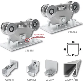 Pohon brány sada pro nesenou bránu C Set Medio/Zn - kování pro posuvné brány, C profil zinkovaný 98 x 98 x 5 mm, 6 m, 2 x vozík, kapsa, kolo