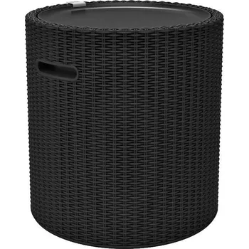 Zahradní stůl Malý venkovní ratanový stolek kulatý grafitový s úložným prostorem, 44x44x44 cm